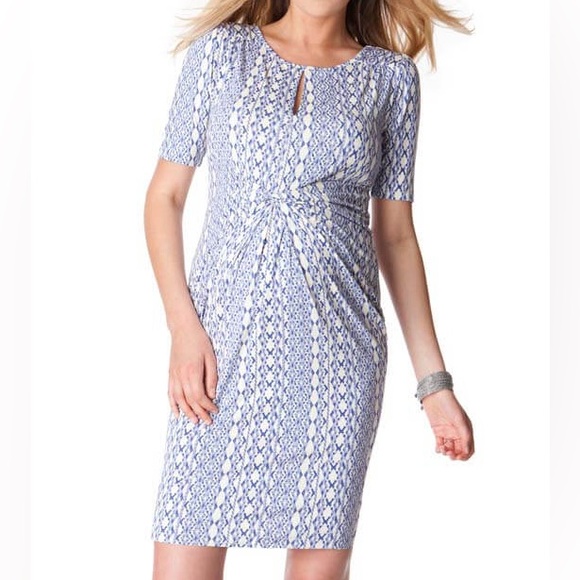 Seraphine Purple Yellow Geometric Short Sleeve Aztec Front Twist Maternity Dress - Picture 5 of 15